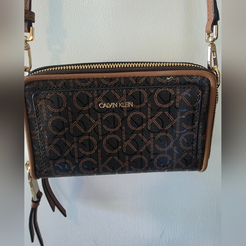 Calvin Klein Black and Brown Logo Crossbody Bag